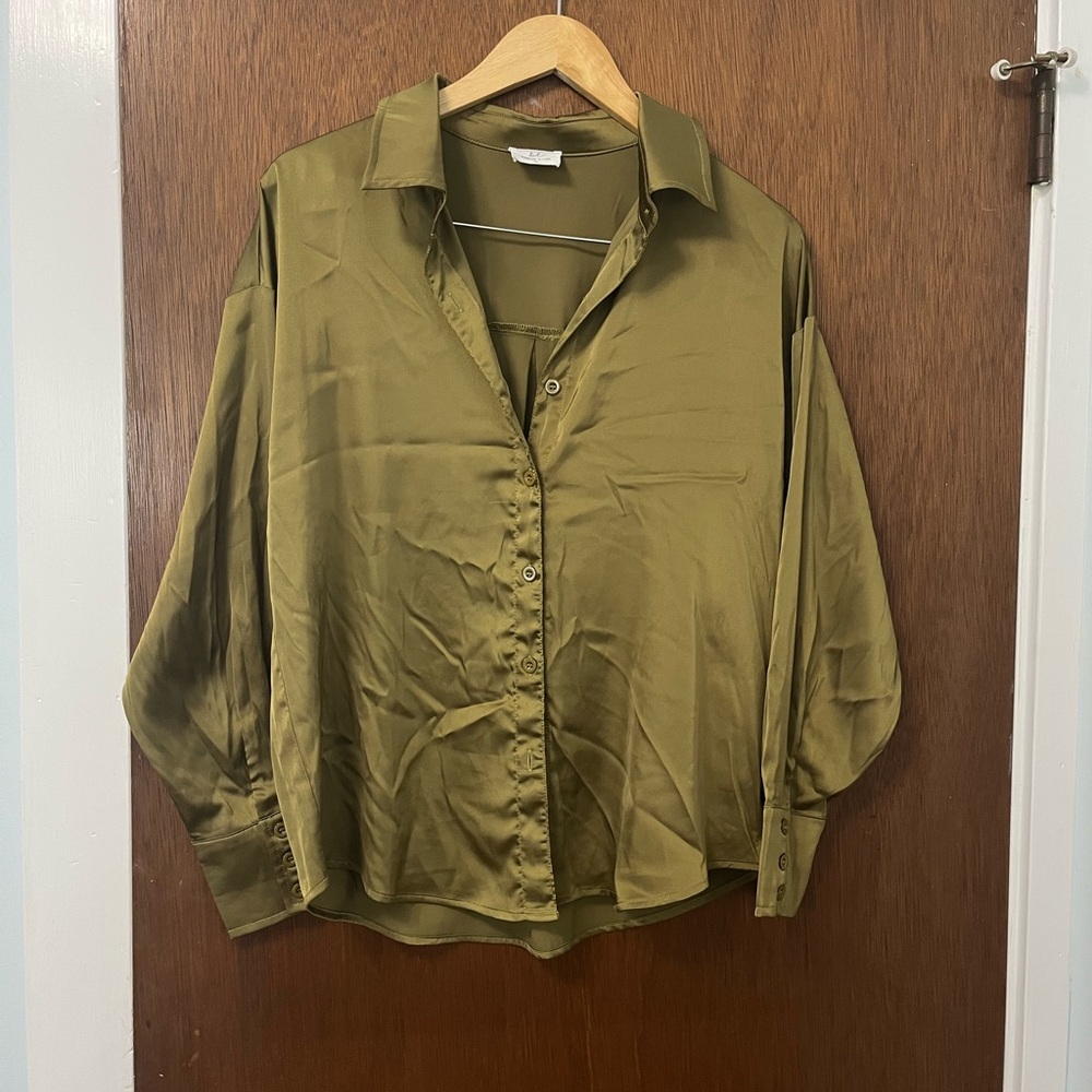 Olive Silky Oversized Button Down Shirt
